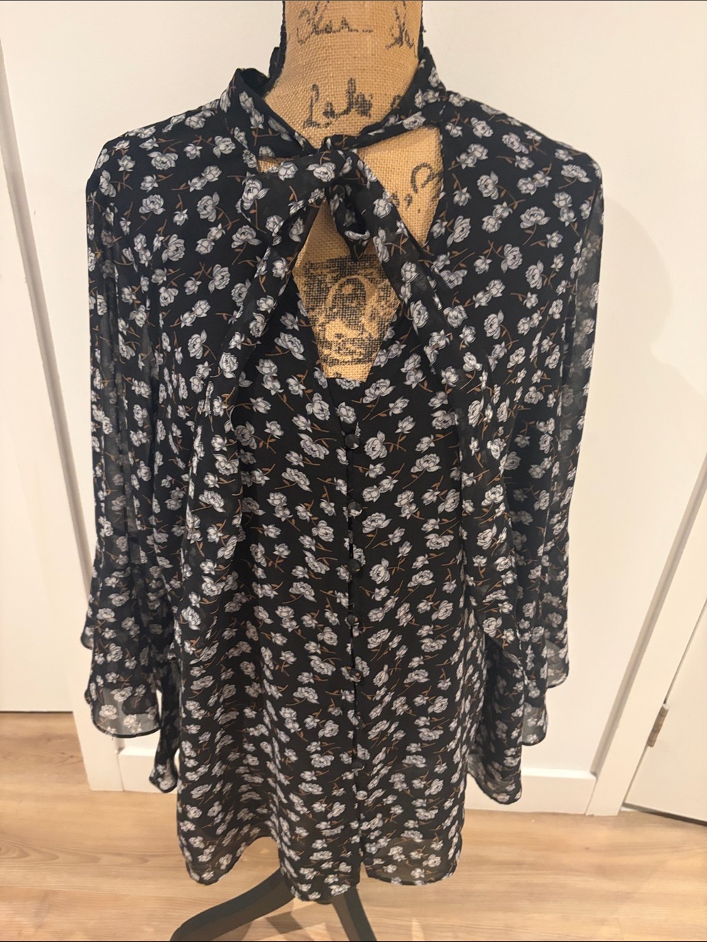 City Chic Black Floral Tie-Neck Long flutter  Sleeve Blouse
